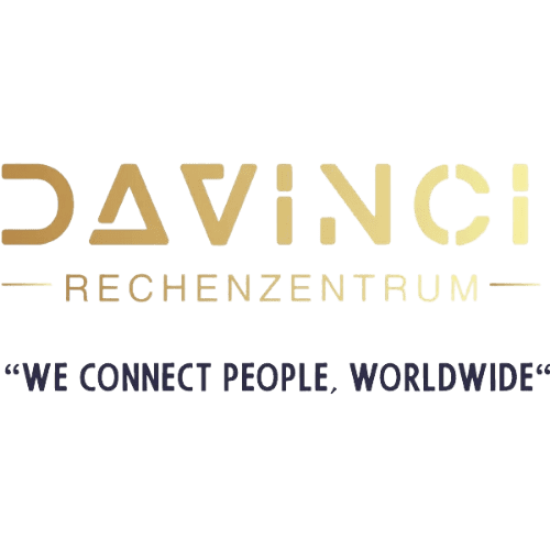 Logo of DaVinci Rechenzentrum with the slogan "We Connect People. Worldwide."